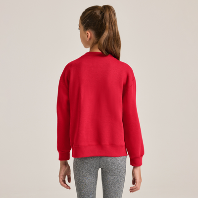 girl facing backward wearing red youth crewneck sweatshirt and grey leggings B9001