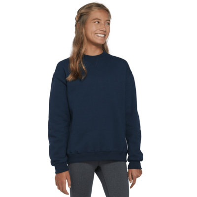 girl looking to the side wearing a navy blue fleece sweatshirt