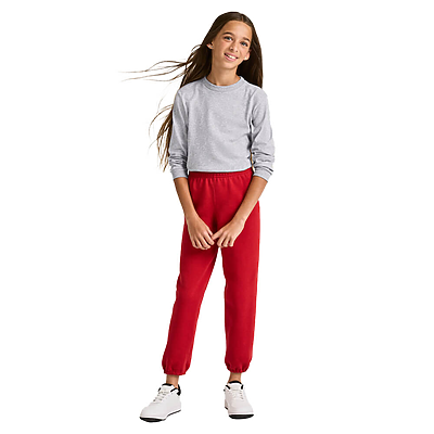 girl facing forward wearing red classic sweatpants and grey longsleeve tee B9041