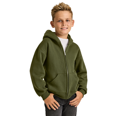 boy wearing a green zip up hooodie looking up with one hand in the front pocket B9078