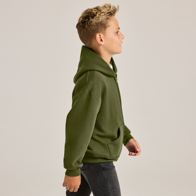 boy wearing a green zip up hooodie facing side B9078