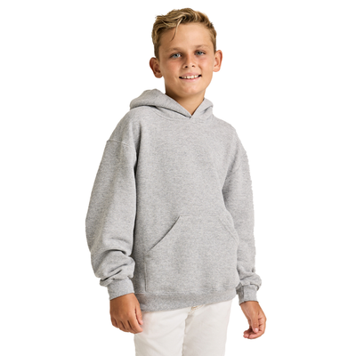 boy facing forward wearing a grey youth classic hooded sweatshirt B9289