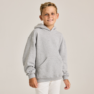 boy facing forward wearing a grey youth classic hooded sweatshirt B9289 fullbody