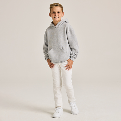 boy facing forward wearing a grey youth classic hooded sweatshirt B9289