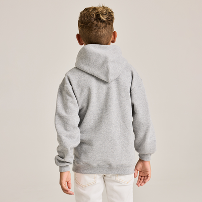 boy facing back wearing a grey youth classic hooded sweatshirt B9289