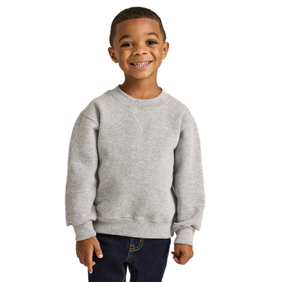 boy facing forward wearing a grey juvenile classic crew sweatshirt and jeans J9001