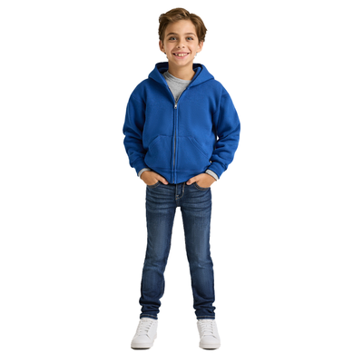young boy wearing blue zip up hoodie J9078 full body