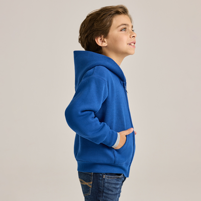 young boy wearing blue zip up hoodie J9078