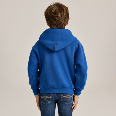 young boy wearing blue zip up hoodie J9078