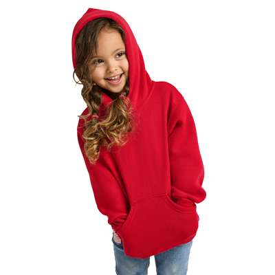 young girl wearing a red fleece hoodie with arms inside kangaroo pocket J9289