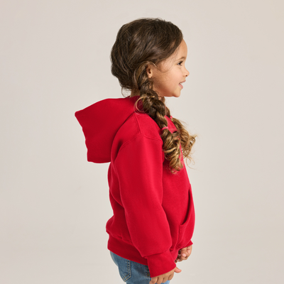 young girl wearing a red fleece hoodie J9289