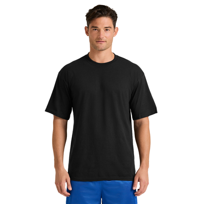 man wearing blue shorts and black midweight short sleeve tee M252