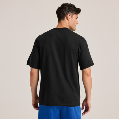 man wearing blue shorts and black midweight short sleeve tee M252 back view