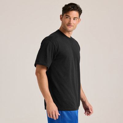 man wearing blue shorts and black midweight short sleeve tee M252 side view