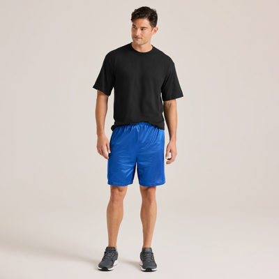 man wearing blue shorts and black midweight short sleeve tee M252 full body