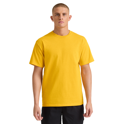 man facing front wearing a yellow midweight short sleeve shirt and black jersey shorts M305