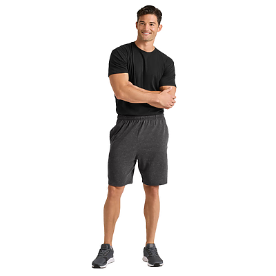 man facing front wearing black shirt and grey adult basketball shorts