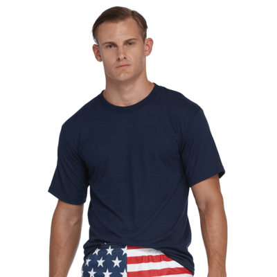 man wearing a black short sleeve shirt and american flag ranger panties