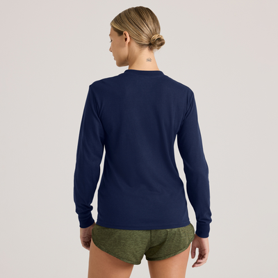 woman wearing navy drirelease adult unisex military long sleeve tee M875  back view