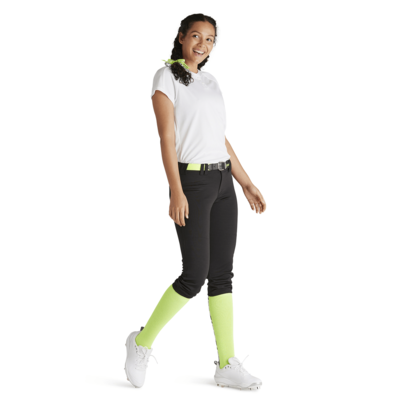 woman three quarter profile wearing neon sock black baseball pants and white jersey