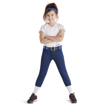girl wearing soffe intensity low rise baseball pants navy blue color