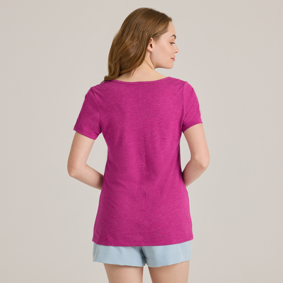 woman facing backward wearing swoop neck pink short sleeve P504T