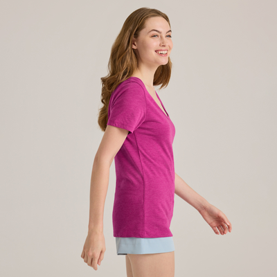 woman facing side wearing swoop neck pink short sleeve P504T