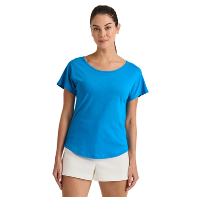 woman facing forward wearing blue Delta Platinum Ladies' Cvc Dolman wholesale blank Tee style p505c