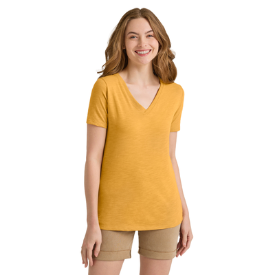 woman facing front wearing Delta Platinum Ladies Slub Short Sleeve V-Neck wholesale blank t-shirt in ginger color style p514s