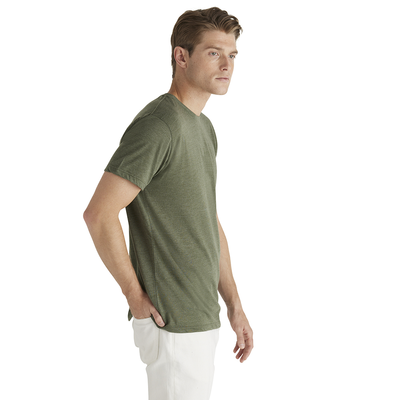 side view man wearing Delta Platinum Adult Tri-Blend Short Sleeve Crew Neck Tee moss heather color p601T