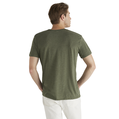 back view man wearing Delta Platinum Adult Tri-Blend Short Sleeve Crew Neck Tee moss heather color p601T