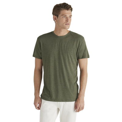 man wearing Delta Platinum Adult Tri-Blend Short Sleeve Crew Neck blank Tee moss heather color p601T