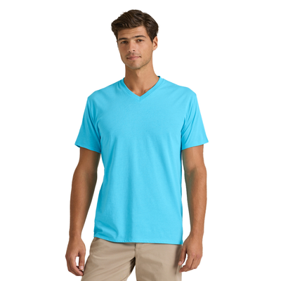 man wearing Delta Platinum Adult Cvc Short Sleeve V-Neck blank wholesale Tee blue color style p602c