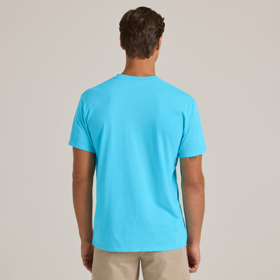 man looking backward wearing Delta Platinum Adult Cvc Short Sleeve V-Neck blank wholesale Tee blue color style p602c