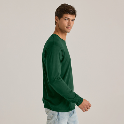 man looking to the side wearing a green long sleeve crew neck blank tee shirt from delta platinum style p603C