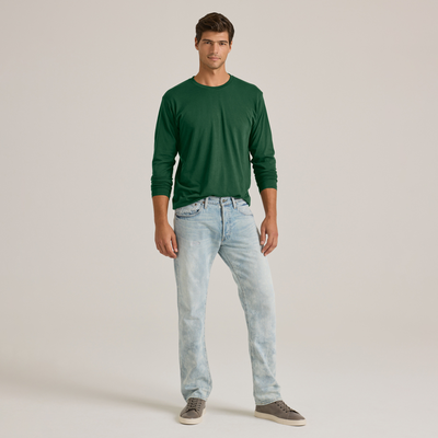 man facing front wearing a green long sleeve crew neck blank tee shirt from delta platinum style p603C