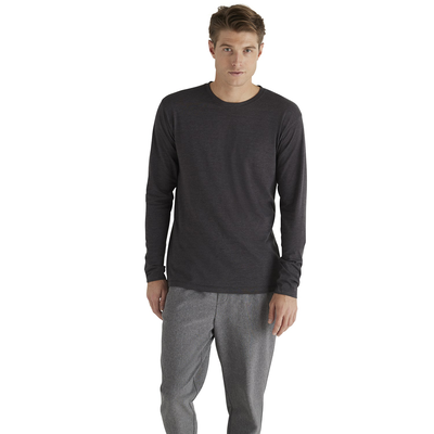 man looking to the right wearing a grey long sleeve crew neck platinum shirt