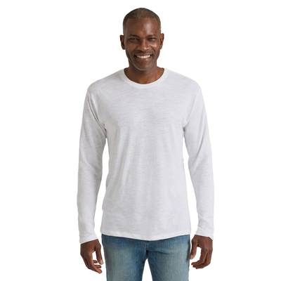 man facing forward wearing Delta Platinum Adult Slub Long Sleeve Crew Neck blank wholesale Tee in white color