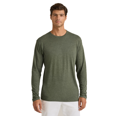 man facing front wearing Delta Platinum Adult Tri-Blend Long Sleeve Crew Neck wholesale blank Tee in green color