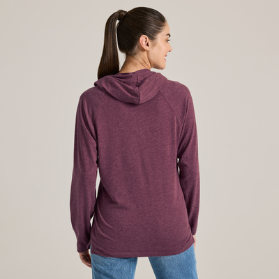 woman facing backwards wearing Delta Platinum Adult Tri-Blend Raglan wholesale Hoodie maroon color