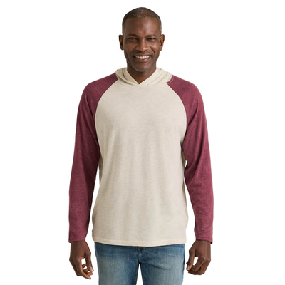 Man wearing Delta Platinum Adult Tri-Blend Raglan wholesale Hoodie oatmeal color body with maroon sleeves