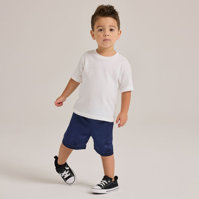 toddler wearing white midweight cotton tee shirt from soffe apparel